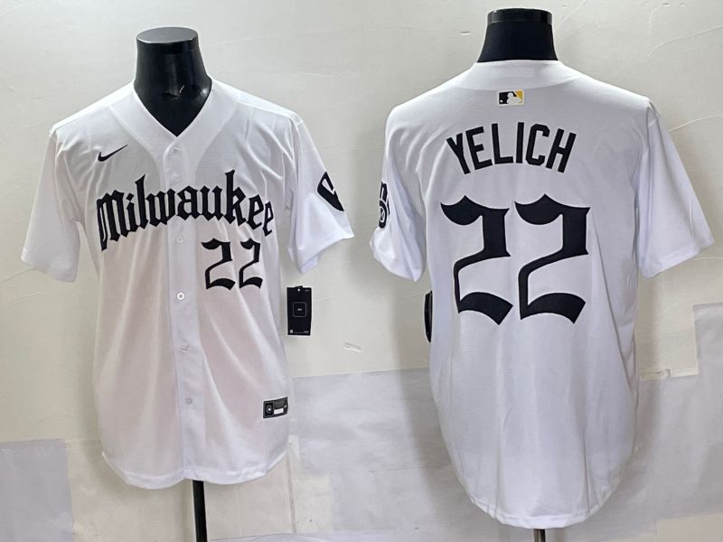 Men 2025 Milwaukee Brewers #22 Yelich White Five generations Joint Name Nike MLB Jersey style 01->milwaukee brewers->MLB Jersey
